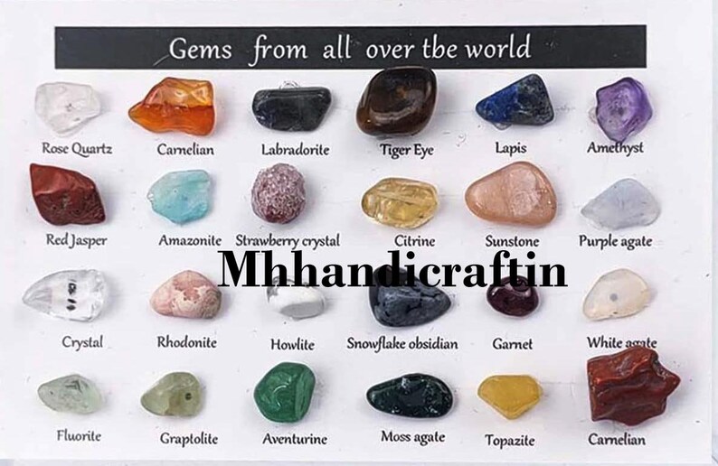 May include: A collection of 20 different gemstones, each labeled with its name. The gemstones are arranged in a grid pattern on a white background. The gemstones include amethyst, carnelian, citrine, crystal, fluorite, garnet, graptolite, howlite, labradorite, lapis lazuli, moss agate, purple agate, red jasper, rhodonite, rose quartz, snowflake obsidian, strawberry crystal, sunstone, topazite, and white agate.