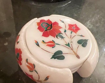 Floral Inlay Marble Coaster Set, Gemstone Art, Dining Table Decor