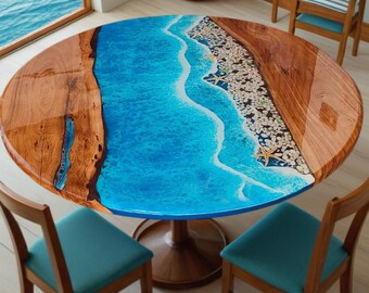Custom Round Blue Ocean Resin Table Top: Live Edge Coffee or Dining Table