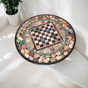 Marble Chess Table Top in Round Shape With Semi precious Mosaic Stone Arts Home Decor Gifts Him / Her