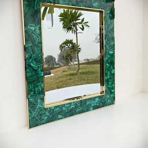 Handcrafted Malachite Gemstone Wall Mirror – Elegant Green Stone Frame for Luxury Living Room, Bathroom or Entryway Décor