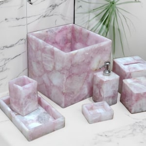 Pink Rose Quartz Bathroom Set 7 Piece, Agate Luxury Bathroom Set, Crystal Quartz Stone Complete Accessories Bathroom Decor Vanity set