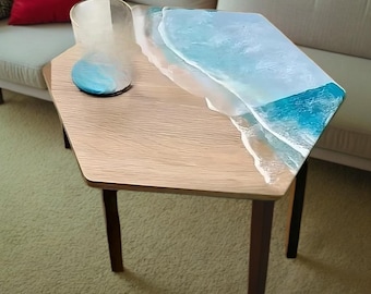 Ocean Wave Epoxy Table Top: Handmade Wood & Resin Decor
