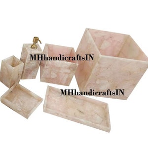 Natural Rose Quartz Bathroom Set, Quartz Stone Bathroom Set Of 6 Pcs, Handmade Luxury Bathroom Set for Bathroom Décor