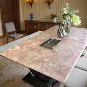Pink Rose Quartz Stone Countertop, Natural Rose Quartz Stone Coffee Tabletop, Quartz Center Table, Agate Countertop Home Decor Handmade Art