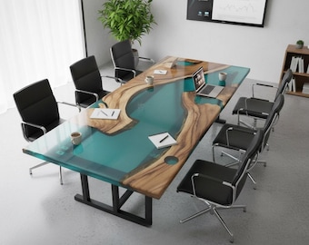 Custom Teal Epoxy Resin River Table – Live Edge Wood, Modern Decor