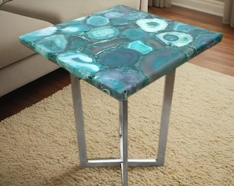Green Agate Coffee Table Top: Square Handmade Gemstone Furniture