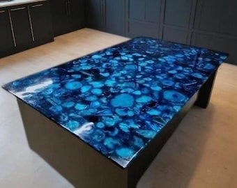 Mesa auxiliar de ágata azul: cubierta de piedra de cristal natural, decoración para sala de estar