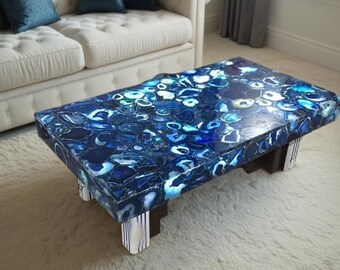 Blue Agate Stone Coffee Table Top: Elegant Gemstone Decor