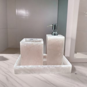 Buy White Quartz Stones Bathroom Set of 3 Vanity Accessories/ Soap dispenser / Tray / Toothbrush Holder