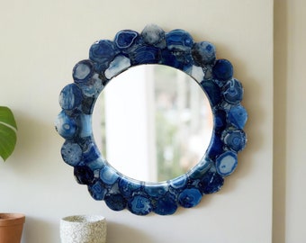 Blue Agate Wall Mirror: Farmhouse Window Mirror with Live Edge