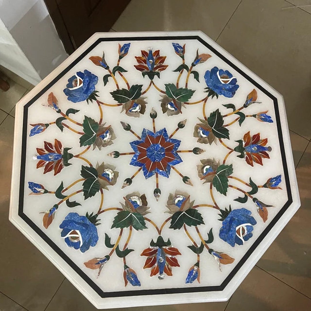 Coffee Table Top in White Marble Inlay Art, Indian Taj Mahal Inlaid Art ...