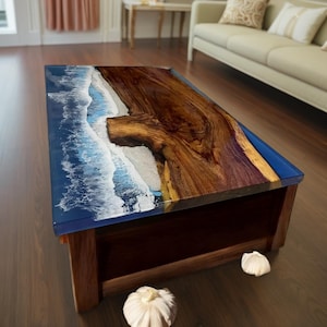 Ocean Blue Epoxy Table Top with Acacia Wood Live Edge Wooden Table Handmade Dinning Table Ocean Style Epoxy Resin Table top