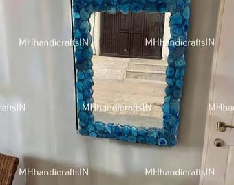 Wall Mirror With Blue Agate Stone Live Edge Handmade Art Living Room & Bathroom Wall Décor Interior