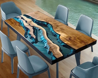 Tablero de mesa de río de resina epoxi hecho a mano, muebles de madera con borde natural