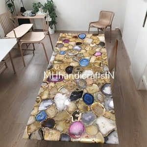 Mix Agate Dining Table Tops Personalized Geode Stone Rectangular Countertop Kitchen Island Vanity Top Slab Handmade Agate Furniture