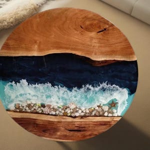 Resin Ocean Wave Coffee Table, Round Epoxy Wood Coffee Table, Live Edge Coffee Table, Ocean Decor
