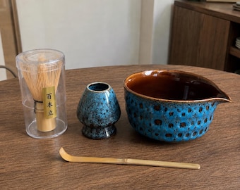Handmade Ceramic Matcha Bowl Set, Japanese Artisan Matcha Set with Chasen Whisk, Spoon & Holder, Tea Ceremony, Matcha Gift