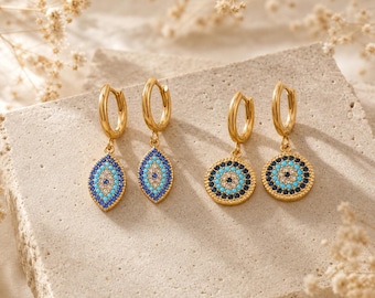18K Gold Plated Evil Eye Earrings, Turquoise Hoop Earrings, Dangle Huggie Earrings, Boho Jewelry, Gift for Her