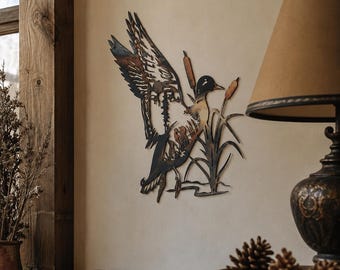 Metal Duck Wall Art, Hand Painted Iron Bird Decor, Mallard Duck and Cattails, Rustic Nature Wall Decor, Wildlife Home Decoration