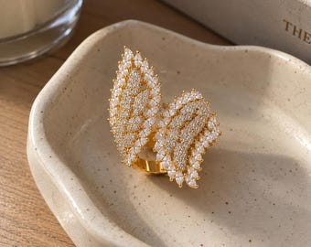 Angel Wing Ring, Adjustable Crystal Ring, Leaf ring, Gold CZ Feather Ring, Statement Ring for Women, Bridal Jewelry, Gift for Her