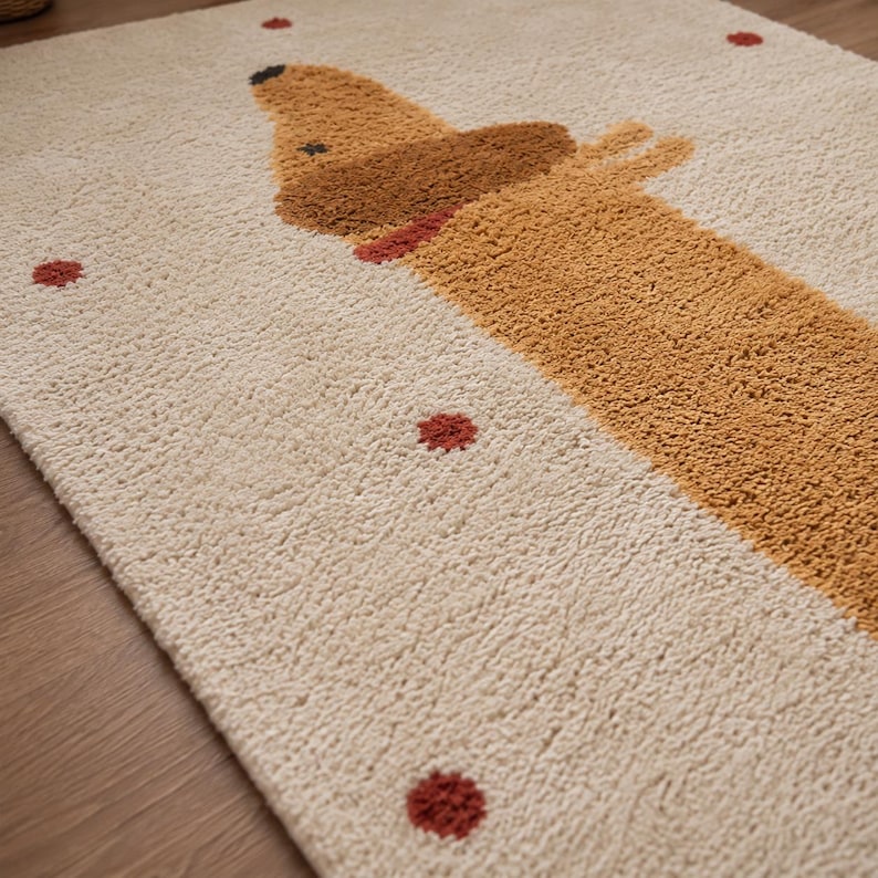 May include: A rectangular area rug with a cream-colored background featuring a tufted, long-bodied brown dog graphic. The design includes small, scattered red circular accents across the surface, creating a textured, high-pile appearance.