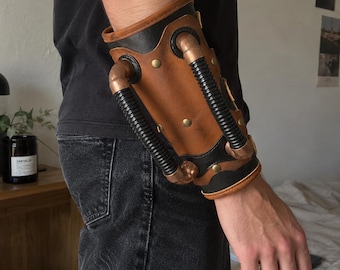Steampunk Leather Arm Bracer, Copper Mechanical Cuff, Cosplay Costume Accessory, LARP Armor, Gothic Retro Futuristic Prop
