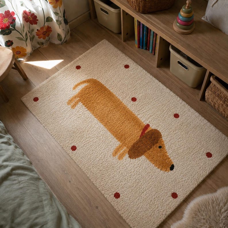 May include: A rectangular cream-colored area rug featuring a textured surface with a central illustration of a long-bodied brown dachshund dog wearing a red collar, surrounded by small, evenly spaced red polka dots across the entire rug surface.