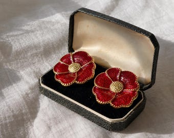 Red Gold Flower Earrings, Vintage Retro Statement Jewelry, Elegant Floral Earrings for Women, Romantic Chic Gift, Classic Style