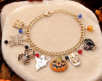 Halloween Charm Bracelet, Ghost Pumpkin Bracelet, Spooky Jewelry, Gothic Charm Bracelet, Cute Halloween Gift for Her
