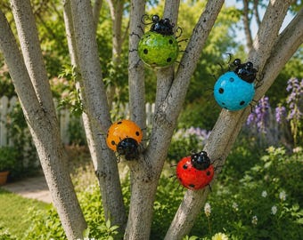 Set of 4 Metal Garden Decorations, Ladybug Wall Art, Outdoor Sculpture, Garden Wall Decor, Patio Decor, Balcony Decoration