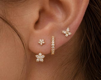 3-Piece Gold Earring Set, Flower Crystal Earrings, Gold Hoop Earrings, Women's Jewelry, Minimalist Earrings, Gift for Her