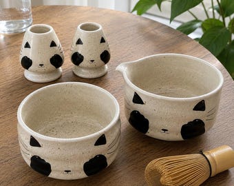 Japanese Ceramic Matcha Bowl Set hand made, Cute Cat Shiba Matcha Tea Bowl, Matcha Bowl with Stand, Tea Ceremony Gift, Matcha Lover Gift