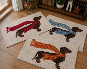 Dachshund Rug with Scarf, Sausage Dog Tufted Rug, Cute Dachshund Decor, Cottage Room Rug, Kids Bedroom, Living Room 50x80 60x90 cm