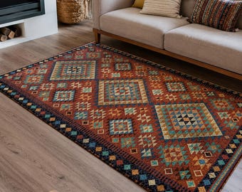 Persian Oriental Kilim Rug, Boho Vintage Area Rug, Colorful Ethnic Geometric Carpet for Living Room, Bedroom, Home Decor and Cozy Interior