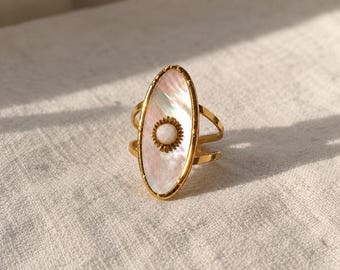 18K Gold Plated Mother of Pearl Ring, Adjustable Vintage Ring, Sun Statement Ring, Boho Jewelry, Minimalist Gift for Her