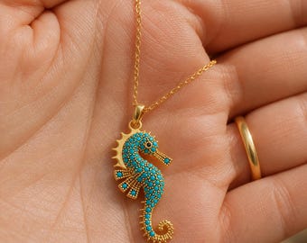 Gold Seahorse Necklace, Turquoise Seahorse Pendant, Ocean Jewelry, Beach Necklace, Coastal Gift for Her, Nautical Jewelry, Diamond necklace