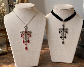 Large Gothic Cross Necklace, Red Crystal Cross Pendant, Victorian Choker, Medieval Gothic Jewelry, Vampire Necklace, Gift for Her