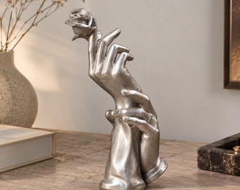 Romantic Hands and Rose Sculpture, Couple Love Statue, Minimalist Home Decor, Romantic Gift, Nordic Decor, Anniversary Gift, gift for her