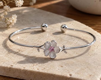 S925 Sterling Silver Sakura Bracelet, Adjustable Cherry Blossom Bracelet, Minimalist Floral Bracelet, Japanese Jewelry, Gift for Her
