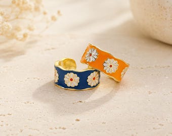 Vintage Oil Daisy Flower Ring, Adjustable Gold Enamel Ring, Cute Floral Ring for Women, Boho Jewelry, Gift for Her, Cottagecore Jewelry