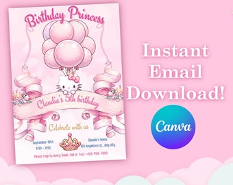 Kawaii Kitty Princess Birthday Invitation Canva Template | Princess Pink Party Invite | Instant Download