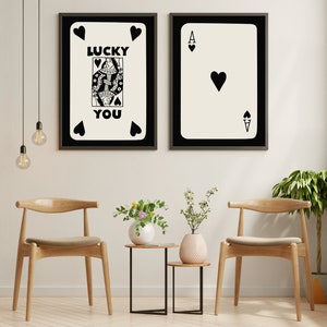 Trendy Retro Wall Art Set Of 2, Retro Trendy Aesthetic Print, Black Ace Card Poster, Lucky You Poster, Queen of Hearts, Digital Download
