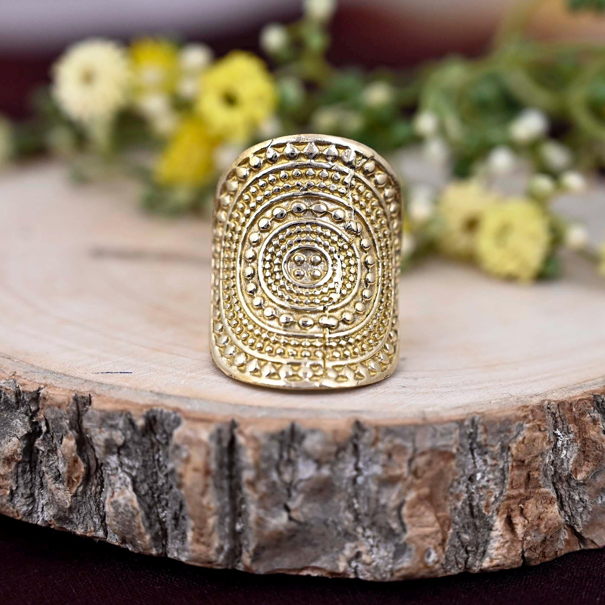 Mandala Statement Ring, Gold Brass Ring, Boho Rings for Women, Wide, Large, minimalist, Chunky, Cigar, Bohemian Jewelry