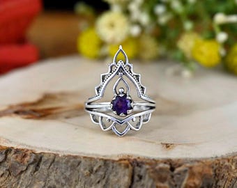 Boho Amethyst Crown Ring: Brass Silver Ring