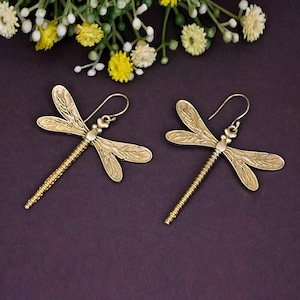 Gold Plated Dragonfly Earrings, Women&#39;s Brass Jewelry, Gift Idea For Mom, For Her, Dragonfly Lover Best Gift Earrings