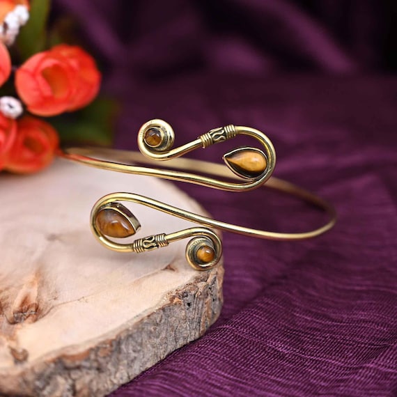 Gold Spiral Arm Cuff: Tigers Eye Gemstone Boho Bracelet