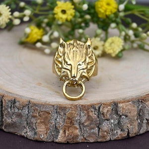 Gold Lion Head Ring: Brass Signet Ring for Men