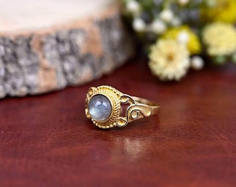 Boho Brass Labradorite Ring, Elegant Golden Anniversary Gift