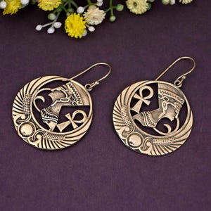 Brass Ankh Hoop Earrings: Egyptian Cross Amulet Jewelry